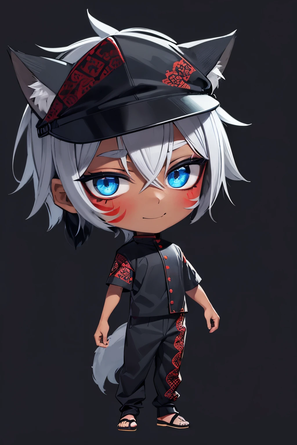 1 man,(chibi),(((full body))),((standing)),(front view)wolf ear,(black color cap),dove gray hair,detailed eyes,green background,half-closed eyes,asian,dark-skinned male,undisturbed clothing,sleepy,(((Red patterned makeup on the face))),black Triangular makeup on the face,smile, happy,masterpiece,best quality,((blue eyes)),