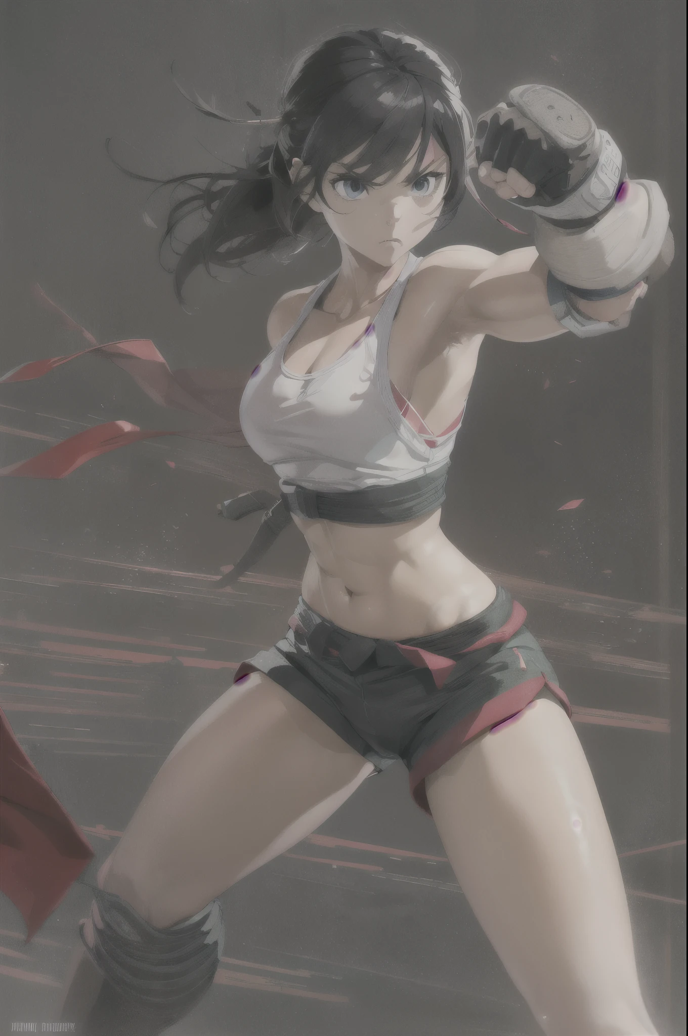 (masterpiece, best quality:1.2), expressive eyes, perfect face, highres, 1girl, solo, ryu \(sf\), (female:1.5), black hair, short hair, dougi, fingerless gloves, headband, fighting pose, portrait, looking at the viewer, fullbody shot, "The fighter stands in a combat stance, with their feet shoulder-width apart. Their dominant foot is slightly behind, providing balance and power. The knees are slightly bent, allowing for quick movements. The fighter's hands are up, fists clenched, protecting their face. Elbows are close to the body, ready to block or strike. The fighter's eyes are focused, scanning their opponent's movements. Muscles are tense, ready to react at a moment's notice."