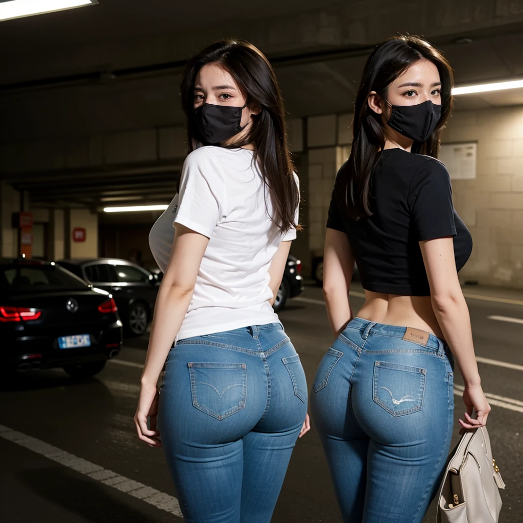Beautiful woman in skinny jeans，tee shirt，Plump buttocks，The back is charming，wearing face mask，In the underground garage