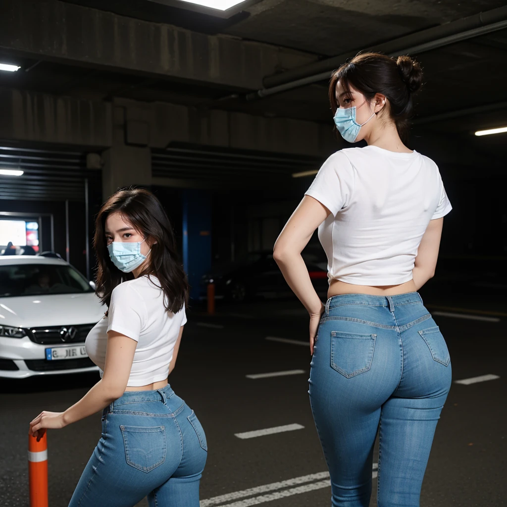 Beautiful woman in skinny jeans，tee shirt，Plump buttocks，The back is charming，wearing face mask，In the underground garage