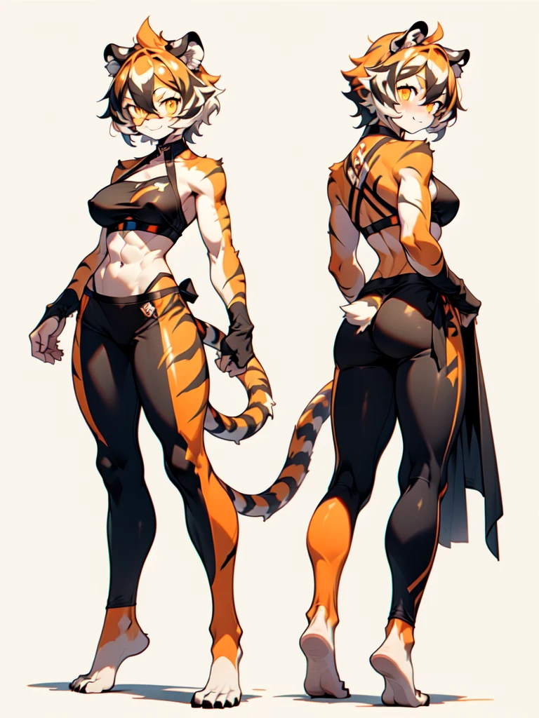 front and back,white background, full body, Standing:1.5, Crotch cloth and bikini bra,animal ears, white hair, black hair, short hair, large breasts, tiger skin，Abdominal muscles, tail, orange eyes, orange hair, multicolored hair, tiger girl, hair between eyes, tiger_ears, tiger_tail, orange-tinted_eyewear, tinted_eyewear, big breasts, evil smile, Shadows under feet, sey ass,NSFW