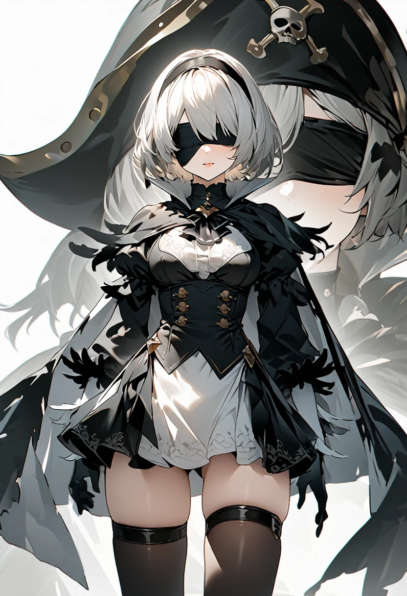 Character 2B, wearing a pirate cape, blindfold, on a white background, high image quality, 4K , front view