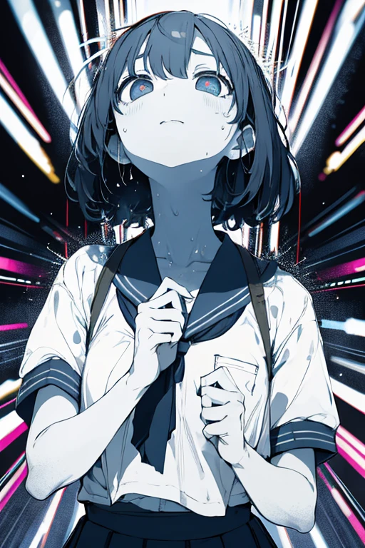 masterpiece, best quality, school girl , upper body, open , psychedelic background,  drunk eyes, looking up, motion blur, trembling with climax, Flickering effect,(sweaty)