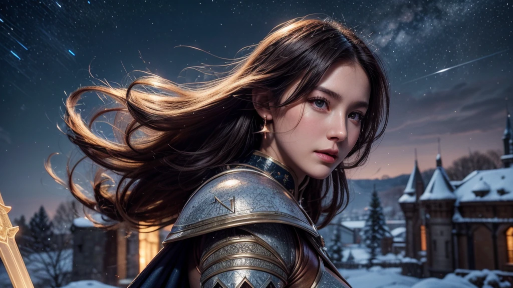 masterpiece, rest, best quality, Very detailed, Super real, 16K, high resolution, castle,snow, ((Starry Sky)),Female Mage,Gorgeous armor,Complex Mode,Large Breasts,Pretty Face,Closed mouth,dramatic,Half-length photo,Glowing scepter