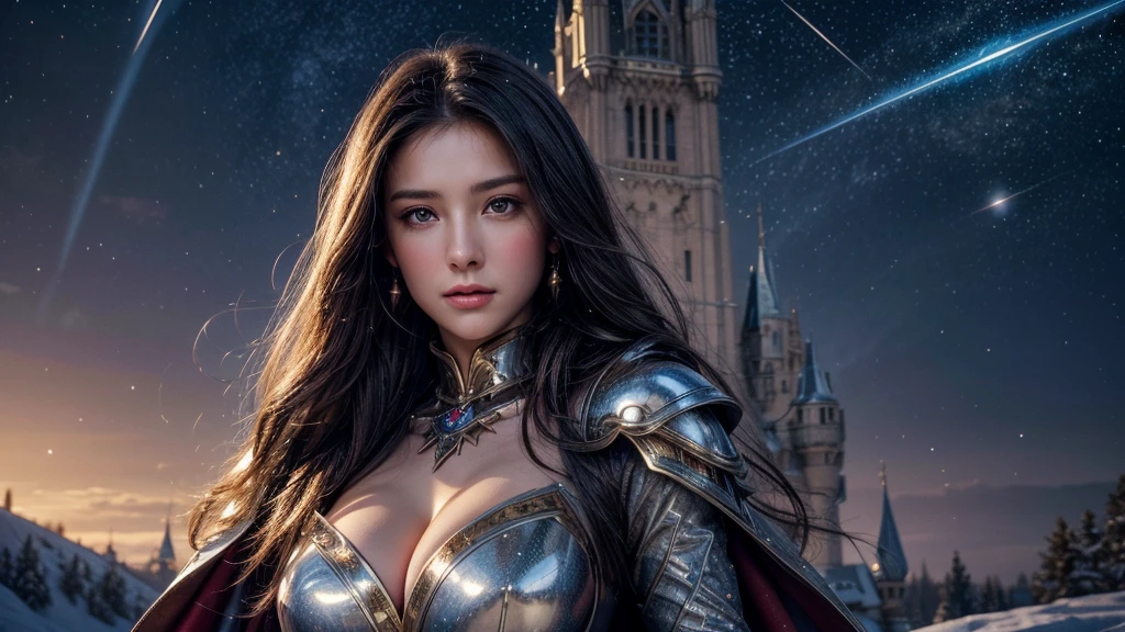 masterpiece, rest, best quality, Very detailed, Super real, 16K, high resolution, castle，snow, ((Starry Sky)),Female Mage，Gorgeous armor，Complex Mode，Large Breasts，Pretty Face，Closed mouth，dramatic，Half-length photo，Glowing scepter