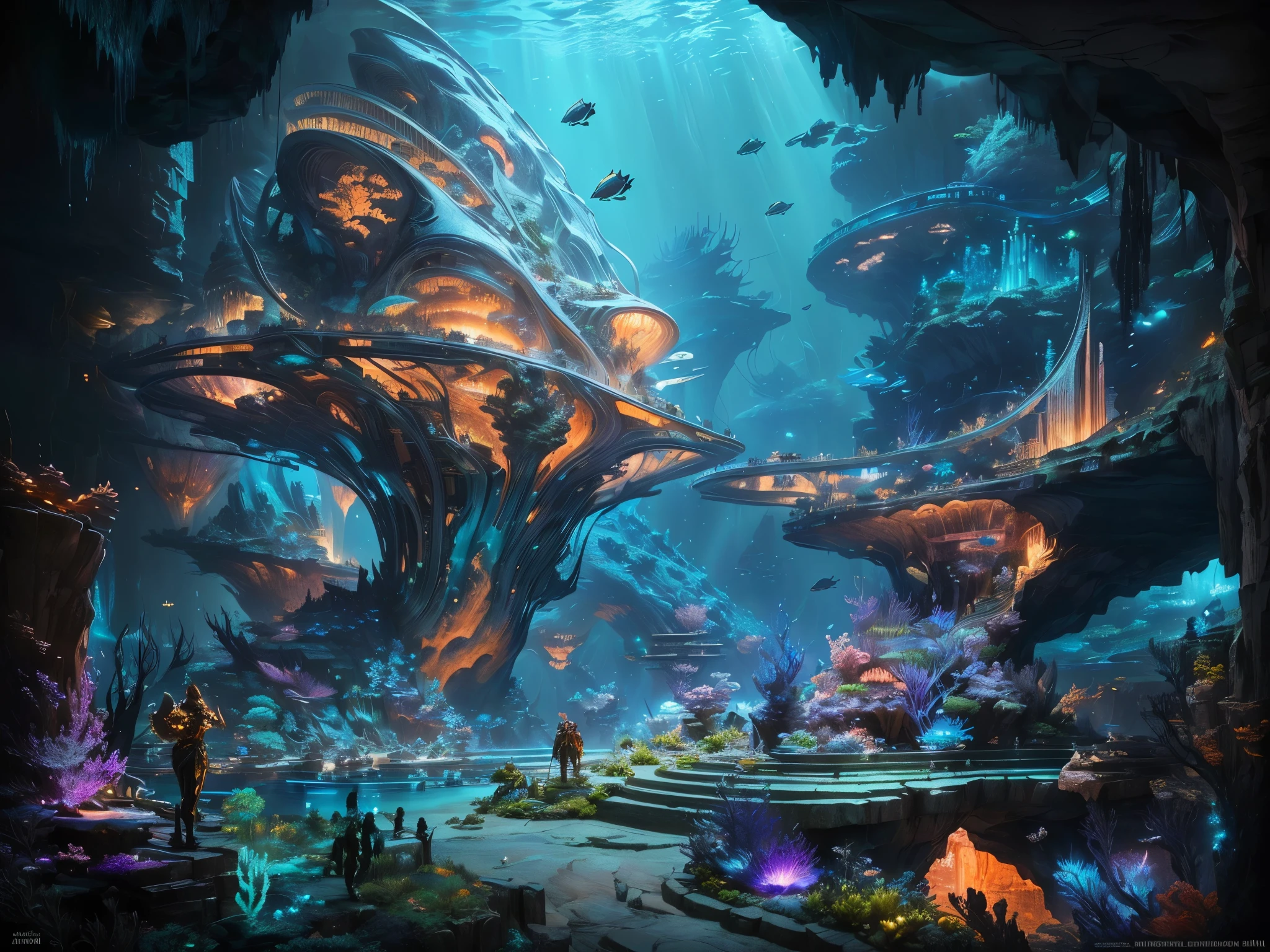 a group of people in a cave with a giant fish, futuristic underwater metropolis, an underwater city, underwater city, ultra detailed conceptual artwork, conceptual artwork 2022, 8 mil high detail conceptual artwork, conceptual artwork 8k resolution, conceptual artwork 8 mil resolution, conceptual artwork. 8 mil, metaverse conceptual artwork, conceptual artwork 8 mil, hyperdetailed conceptual artwork