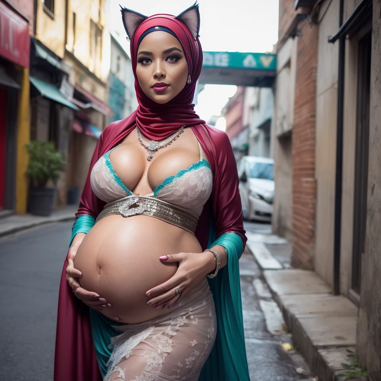 (((Perfect Pregnant belly))) (((Full naked and nude hijab prostitute))) Malaysian girl pregnant 5 month,Largest Baby Bump pregnant, Largest , Big pregnant Belly, Big Pregnant girl, Largest Belly of Pregnant, Beautiful woman, beautiful face, pregnant, long hair, black hair, realistic, ultra-detailed, big breast, malay, The whole body consists of a young girl with hijab, Eye makeup, 21yo, (((Cat ears))), Soft lighting, groups, Wear shabby clothes, Dirty, Tattered futuristic military uniform, Cat's paw badge, Pose, spot color, rendering by octane, Ultra-realistic intricate details, Cinematic, 8K resolution, 70mm, emphasis lightings, (((Huge breast)))(((wearing sexy kebaya))) PERFECT HIJAB & Sexy kebaya dress (((2 girls:1.5, girls standing))) Setting background: Basquiat graffiti wall background,Graffiti artist, urban walls, spray paint cans, bold colors, rebellious strokes, street gallery, artistic , night shadows, public expression, aerosol mastery, layered stencils, cultural messages, graffiti tags, creative risks, vibrant visuals, underground recognition, impactful designs, urban transformation. Art by Mschiffer (((Red lips))) (((only: pubic hair is hairy:1.3))) (((wearing a Sexy belt design by LV))) Full Naked & nude,  bride very fit physique (38D breast:1.3) , (((Woman with hijab style, hijab and kebaya dress)), (lace stockings), (((Wearing: diamond necklace and earrings))). RAW photo, full sharp, detailed face (high detailed skin:1.2), 8k uhd, dslr, soft lighting, high quality, film grain, Fujifilm XT3, (extremely beautiful face, sexy lips, beautiful red lips, Clear eyes, beautiful eyes), (big green eyes), pretty girl, face forward, intricate detail face, ((ultra detailed skin)) (skin texture, film grain), Detailed beautiful face, natural tpose, natural facial expression, (((large breasts))), 