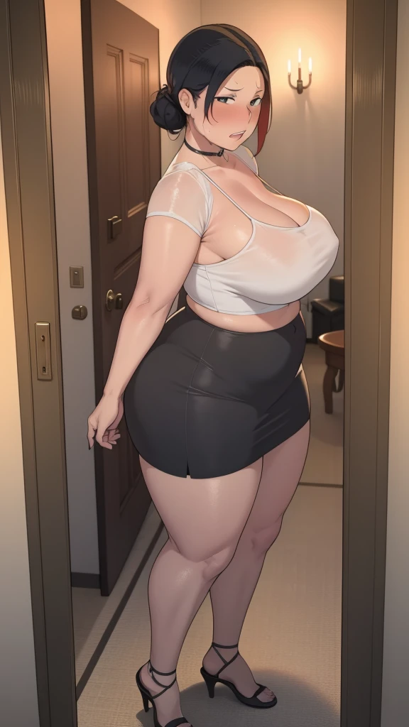 Masterpiece, hi res, absurdres, Best Quality, 4K, detailed, HD , by NTRMAN, solo, mature female, age 40, milf,mother, chubby, bbw, curvy, short stature, shorttack, thick, Big ass,crop top, short skirt, black hair, hair bun,curvy, cleavage, saggy breasts, prominent lips, red lipstick,thick, blushing, olive skin, tanned skin, looking at viewer, tattoos on body, Gyaru, dark skin, angry face, shame, surprised face, disbelief , opening door, whore, prostitute