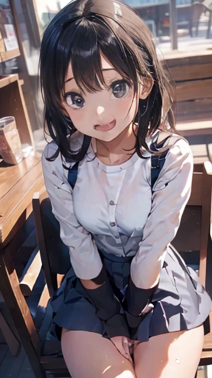 (8k)、(Highest quality)、(Masseter muscle area:1.2)、(Realistic)、(Photorealistic:1.37)、Ultra-detailed、(One Man:1.2)、One Girl、White blouse, Black suit、(Recruitment Suit:1.2)、２１Year、college Yeard、Beautiful girl、AKB48、Nogizaka４６、(Tabletop, Highest quality:1.2), 8k, Official Art, RAW Photos, unbelievably ridiculous, Whole Body Ezbian, Pretty face, No makeup, Film Grain, chromatic aberration, Sharp focus, Dynamic Lighting, Cinema Lighting, Eye and facial details, Bokeh Background、(アーバンCafe:1.2)、(Cafe:1.2)、(Sitting in a chair:1.1),(Coffee on the table:1.2)、(Laughter:1.3)、(Small breasts:1.2)、bangs, Hime cut, Brown Hair,Medium Hair、(Cowboy Shot:1.2)、job hunting、Cafeの男性とのインタビュー、Black jacket、Black mini skirt、Black pumps、Beautiful legs、(The man is fat middle-Yeard:1.2)、The man６０Year、(Man in suit:1.2)、Sit across the table、computer、pen、Note、Flow of life、documents、joke、Please open your legs and show me your crotch.、White panties、Lift the hem of a skirt、Twisted Skirt、Behind the scenes with many customery customers are looking at me、