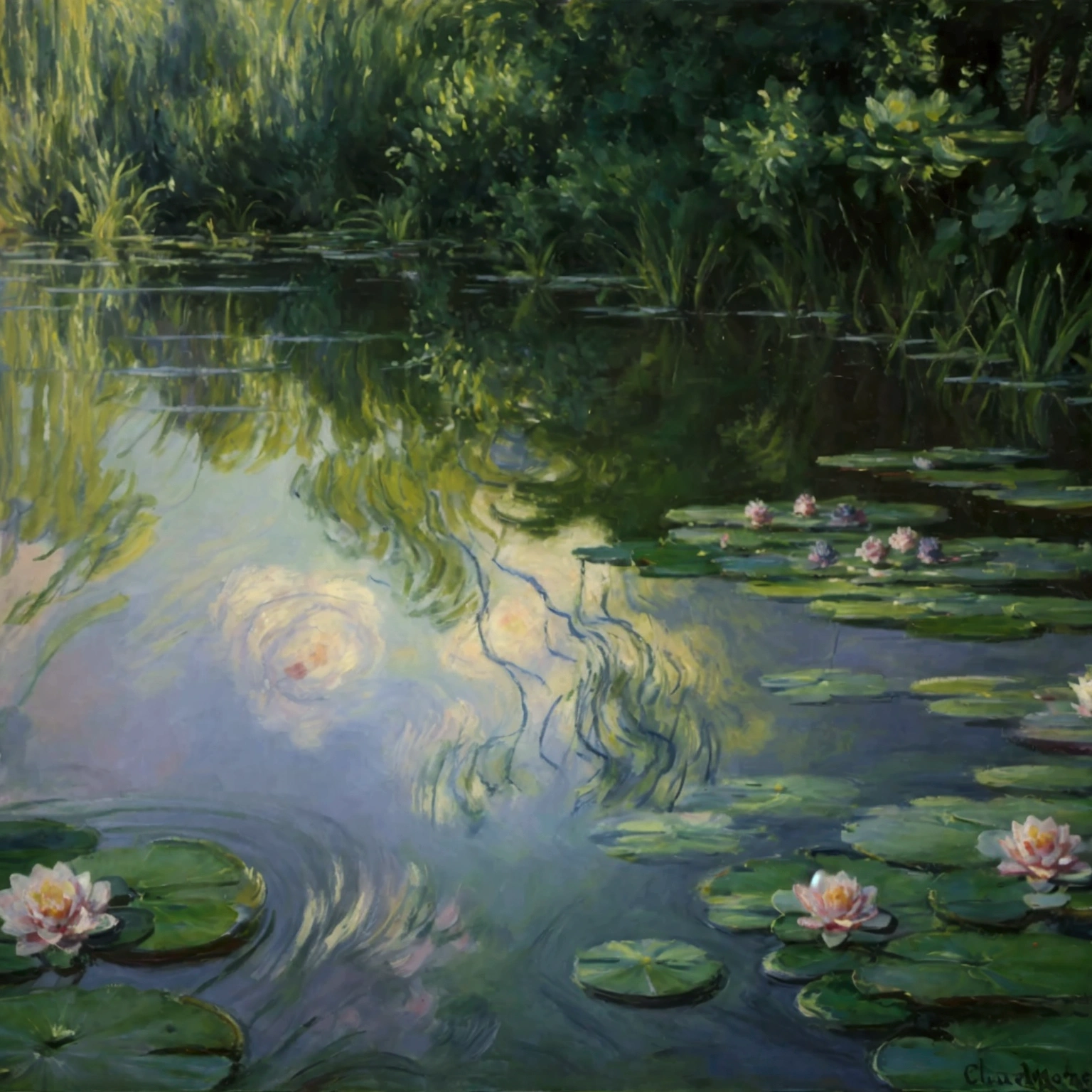 a painting of water lilies in a pond of water, monet painting, claude monet), impressionist art, by claude monet, by Claude Monet, impressionism painting, impressionist painting, water lilies, monet painted, impressionist artists, impressionism, an impressionist painting, by Blanche Hoschedé Monet, style of monet, impressionism and expressionism, charles monet, french impressionism