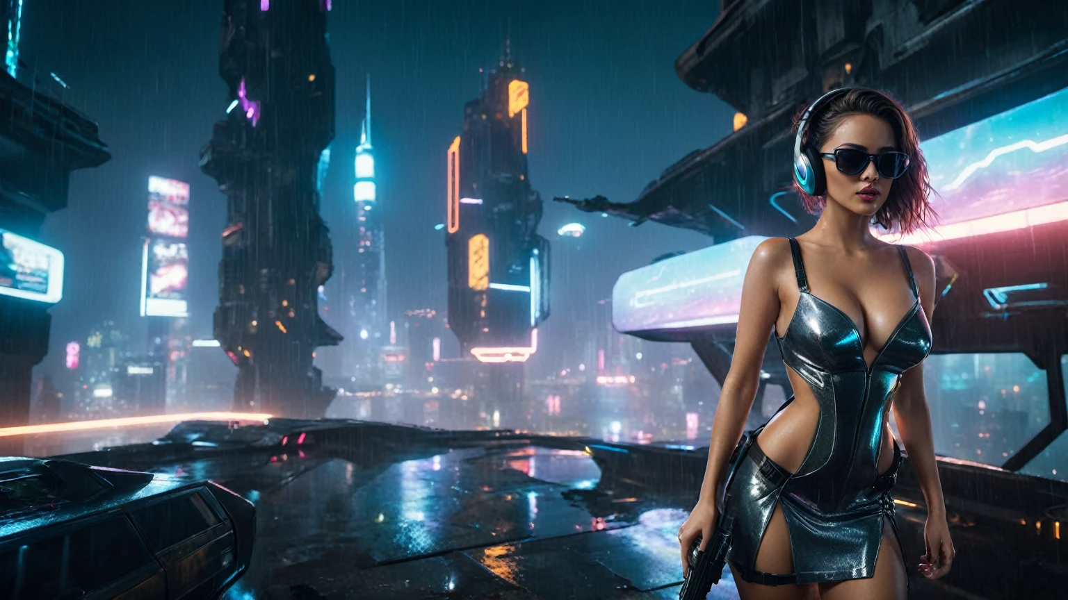 (((aerial view))), (flying cars docking platform), Blade Runner style futuristic city alley, neon lights, rainy night. (1girl, solo, alone), large-breast:1.2 slim body, cleavage:1.1, sexy wind blowing wet dress:1.4, headphone, (black sunglasses), (((she raised a pistol:1.8 and shot:1.8 the viewer))), dynamic pose, (((half-body thigh level medium shot))), cinematic lighting, lens flare, ray tracing, vortex blurred:1.4 background.