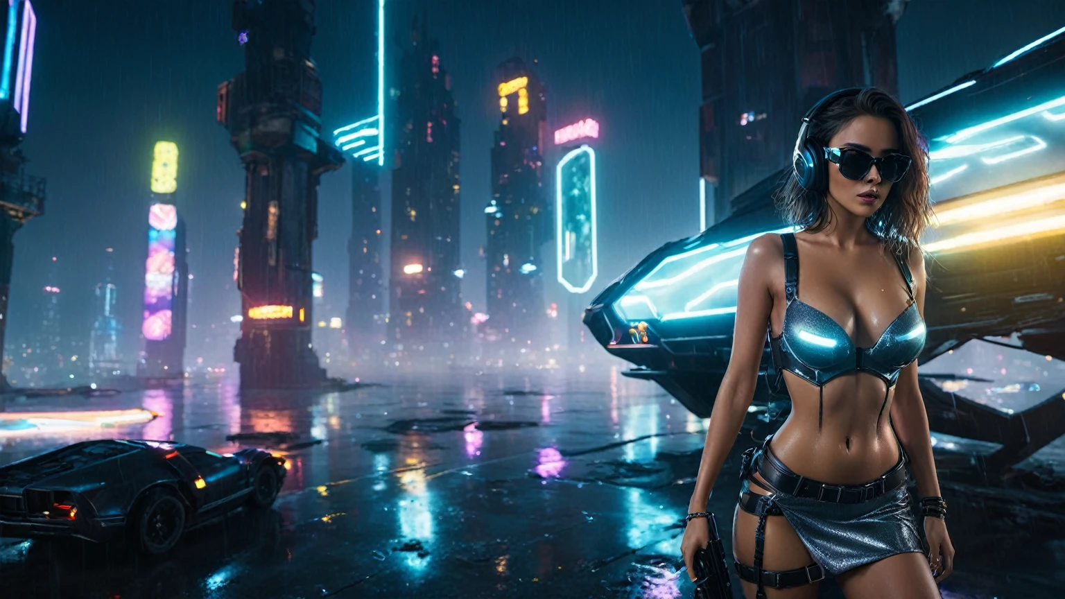 (aerial view, a flying cars docking platform, a very dark abandoned futuristic city, neon lights), rainy night. 1girl, solo, alone, large-breast:1.2 slim body, cleavage:1.1, sexy wind blowing wet dress:1.4, (headphone, black sunglasses), (((she raised a pistol:1.8 and took aim))), dynamic pose, (((half-body thigh level medium shot))), cinematic lighting, lens flare, ray tracing.