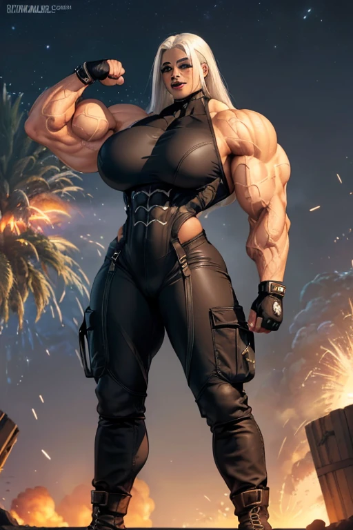 (((((Massive tall, beautiful, buff, light brown skinned muscular woman with white hair, black lipstick, ginormous bulky muscles, wearing a Stealth bodysuit and cargo pants))))), (close view), ((massive muscles)), massive biceps, hyper muscle shoulders, ginormous muscle arms, hyper muscle triceps, (straight long hair), blue eyes, choker, (stealth belt), black boots, (fingerless gloves), (in front of an explosion), sensual smile, night, hyper muscles arms, hyper muscle legs, (ginormous arms).