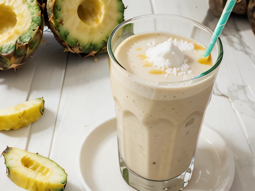 Create a photo of a pineapple smoothie ,coco, and Greek yogurt that decorates the ingredients