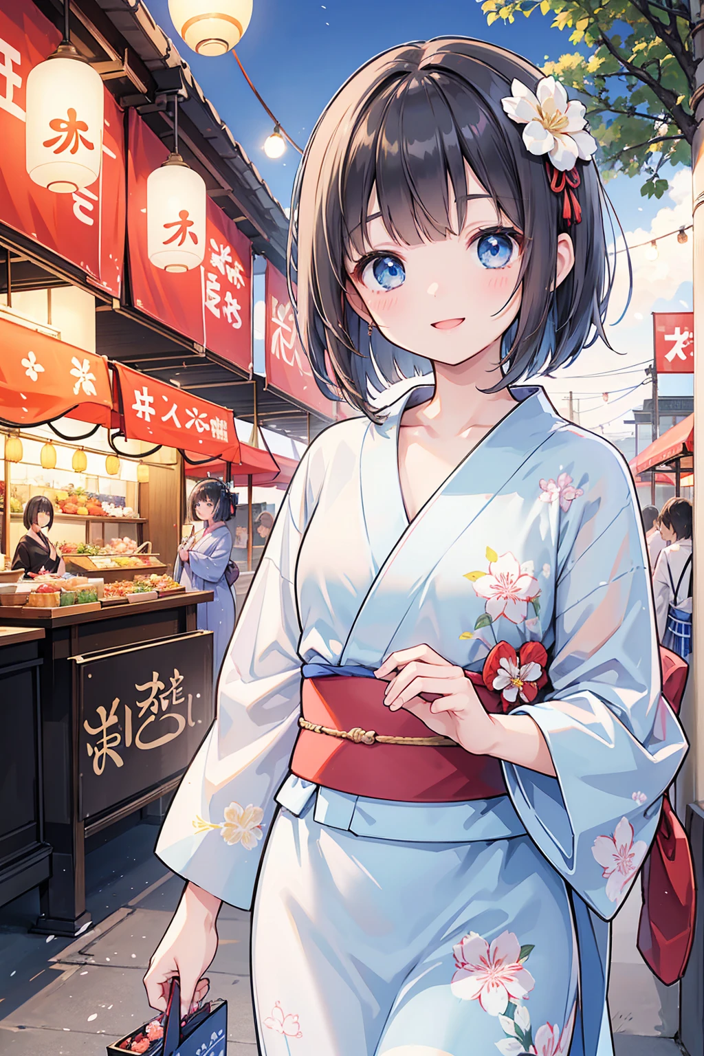 Photorealistic、Highest quality、Highest Resolution、Highest quality、８Ｋ、1人のBeautiful woman、Beautiful woman、Beautiful woman、cute、Bob cut hair、Dark Hair Color、Light blue eyes、Floral Yukata、Red yukata、Summer festival、evening、Lots of food stalls、looks fun、smile、