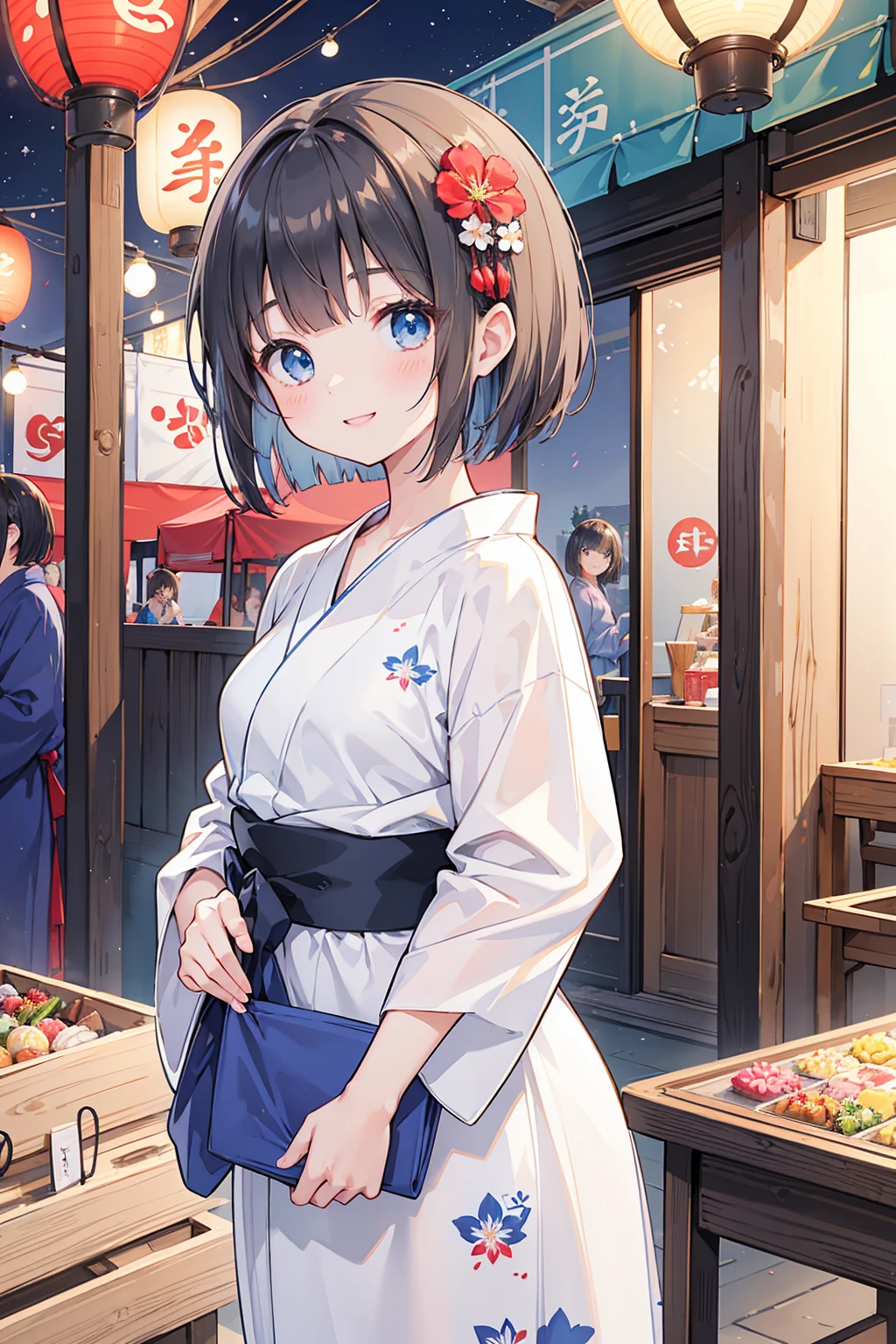 Photorealistic、Highest quality、Highest Resolution、Highest quality、８Ｋ、1人のBeautiful woman、Beautiful woman、Beautiful woman、cute、Bob cut hair、Dark Hair Color、Light blue eyes、Floral Yukata、Red yukata、Summer festival、evening、Lots of food stalls、looks fun、smile、