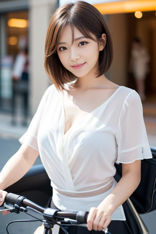 (RAW Photos), (Photorealistic), (masterpiece), (Highest quality), High resolution, 8k resolution, (Exquisite detail), (Volumetric Light),  woman, Age 35, short hair, Straight hair, Brown haired, Very thin, Very white and clear skin,Highly detailed eyes, Source Sequence, Very thin eyebrows, eyelash,The ultimate beauty,Cute like an idol, smile,  (上品で透明感のあるWhite blouse), Random body orientation,Medium chest,Beautiful Japanese office lady, White blouse，Ultra-mini pleated skirt, Lace pantyhose, Random Color, Cute Face, Real Light, Correct Anatomy, Riding a bike 1.4、City bike,  on the saddle、Grip the steering wheel with both hands,Look forward,Don&#39;t look at the audience, Pedaling, From below1.4、(((Low angle 1.4))), In the city, There is a strong headwind, Skirt flipped up, (((Her panties are visible))), Beautiful long legs, (((かなりFrom below1.4))), Thin thighs, Viewers looking up,From below,From below,(((low angle full body shot, from below angle, focus saddle, zoom from ground height,dog eye height)))