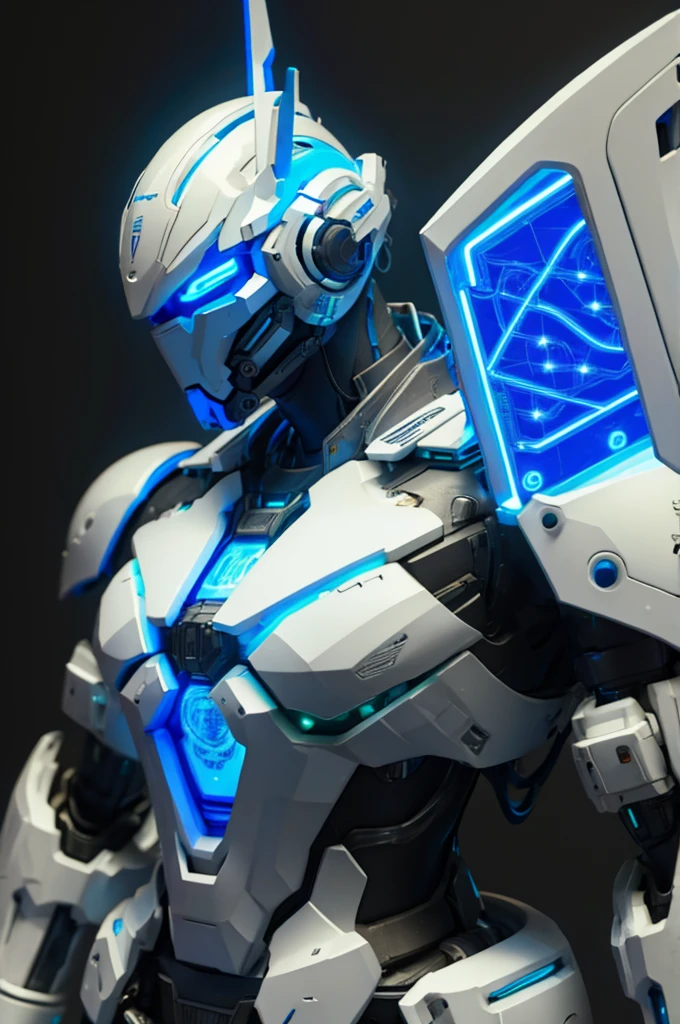 white shield, machine, cyberpunk, blue neon