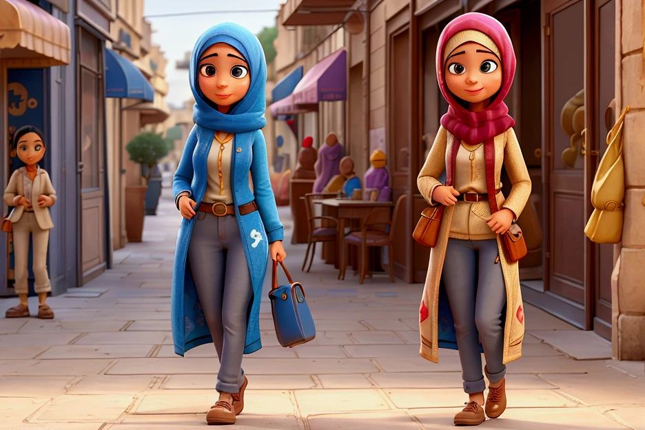 in paris, one arabe woman covered head, walking hapy in the street, 30mm lens, extreme details, 3D pixar