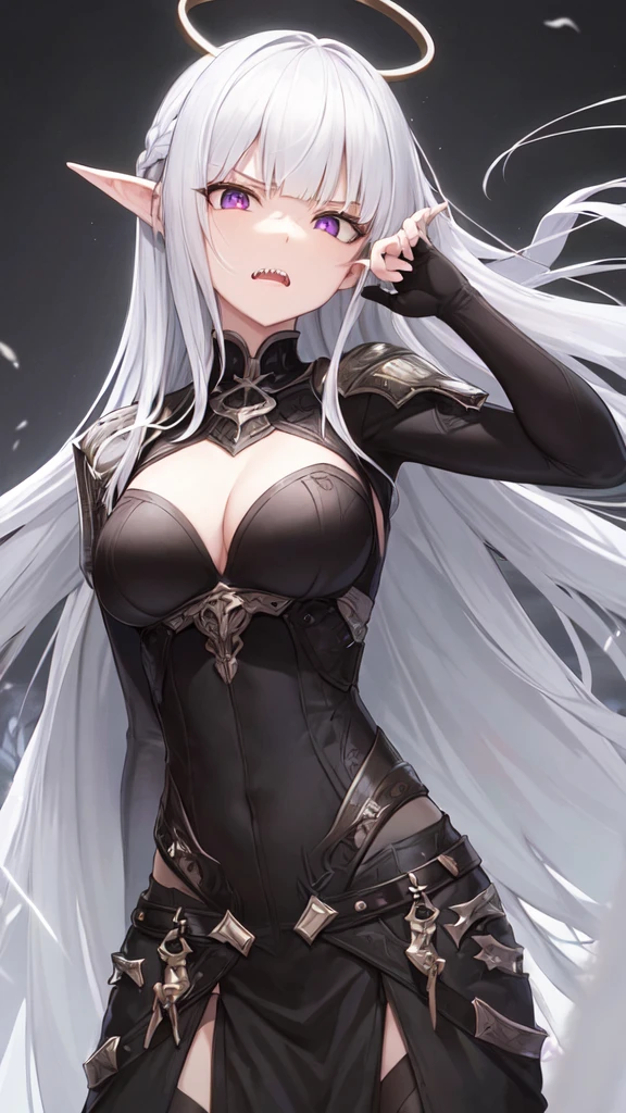 masterpiece, high quality, 4K, HDR,, A female knight wearing an armored dress BREAK Black halo above head, black horns on head, black dragon tail growing, large black wings on back BREAK Silver hair in an updo hairstyle with blunt bangs, long hair, disgruntled expression, crimson eyes, narrowed eyes, sharp teeth, slightly pointed ears, slightly open mouth BREAK Athletic, toned body, medium breasts BREAK Standing in a dramatic pose against a dark, ominous background