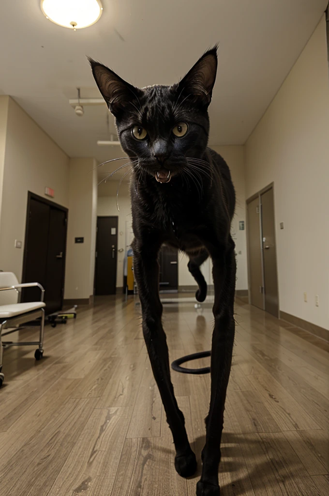 cat with long spiky spider legs in their mouth and with twisted body in a hospital hall
