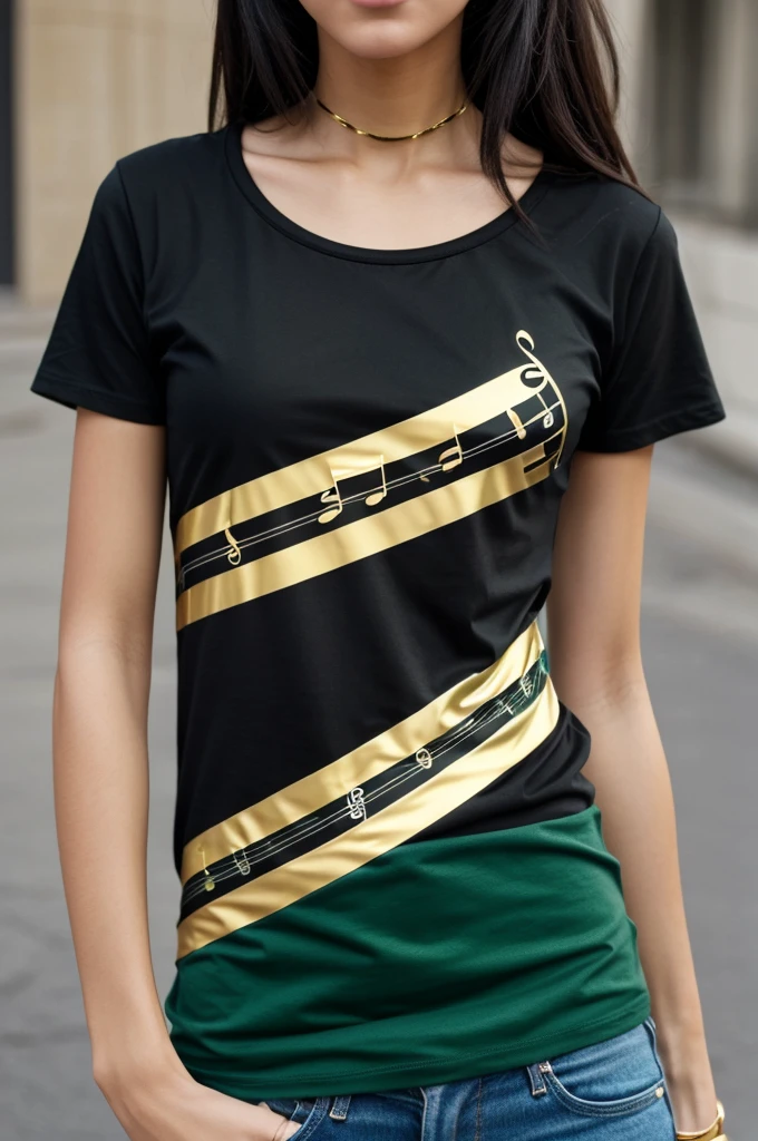 I want a black t-shirt and a diagonal green stripe with gold details of musical notes 