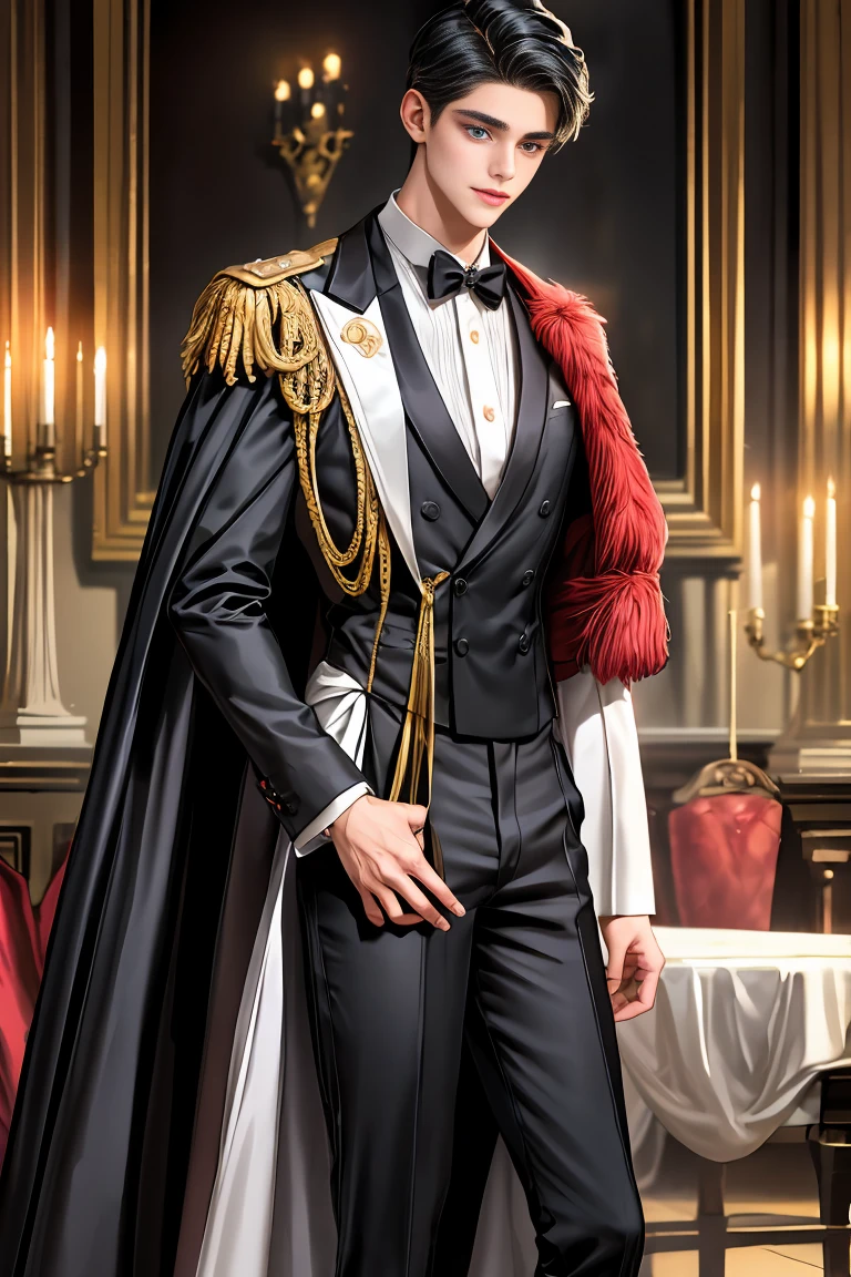 
masterpiece, 最high quality, high quality, 1 boy, alone, Male focus, Watching the audience,  Messy black hair, Adorable big blue eyes, White, Noble, Noble,A sexy, voluminous, puffy cape、tuxedo、A very voluminous, large, very large, very large, long, long red and black cape with a high stand-up collar, made of a lot of fabric that reaches down to the floor., ,Cute beautiful boys,Cute, cute, handsome boy with a gentle smile