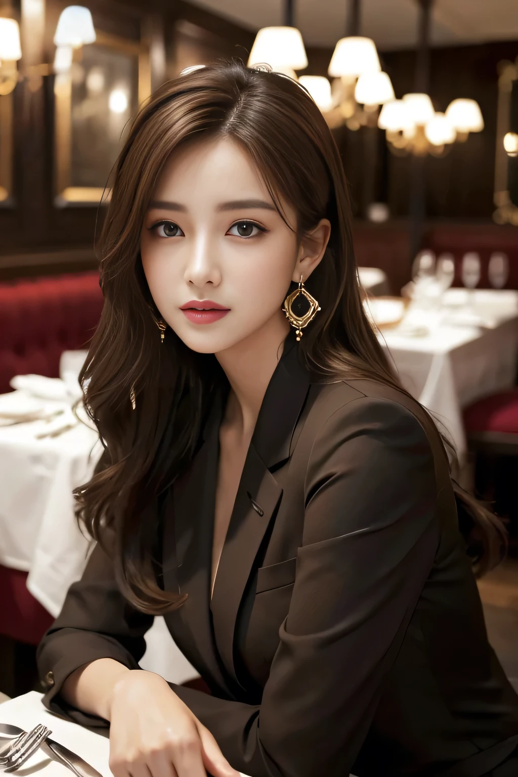 masterpiece, Highest quality, Realistic, Very detailed, Finer details, High resolution, 8k wallpaper, One beautiful woman, Wear a nice suit, In a great restaurant, At night, Light brown messy hair, Perfect dynamic composition, Beautiful and beautiful eyes、Big earrings、Sit on a chair