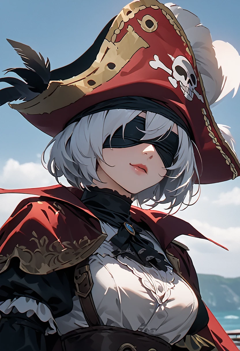 Character 2B, wearing a red pirate cape, blindfold, high image quality, 4K , front view, pirate hat