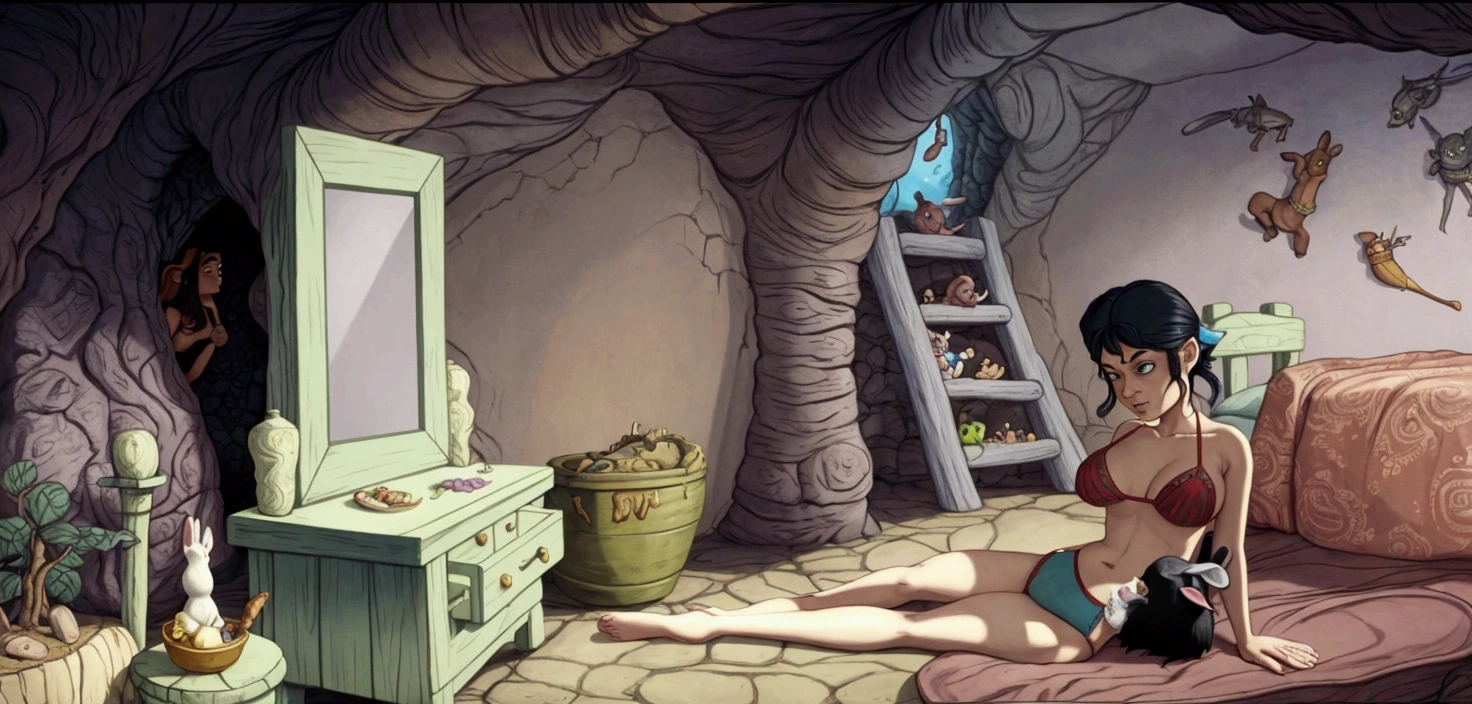 there is a naked mannequin in a room with a mirror, point-and-click adventure game, movie screen shot, digitally painted, animation still screencap, alice goes down the rabbit hole, animated movie shot, still from a fantasy movie, scene where she is in rivendell, animated film still, screenshot from a movie, cell shaded adult animation