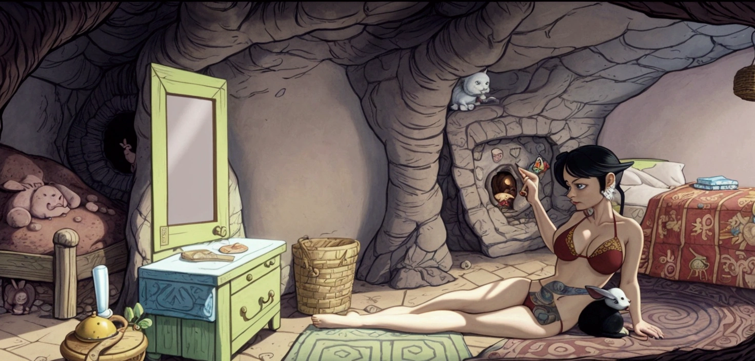 there is a woman in a bikini laying on a bed, point-and-click adventure game, todd schorr, by Krzysztof Boguszewski, digitally painted, todd schorr highly detailed, in his hobbit home, animated film still, interior of a hobbit hole, alice goes down the rabbit hole, animation film still, animated movie shot