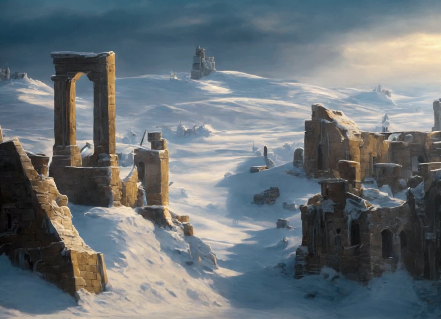 detailed post-apocalyptic winter landscape, epic frozen tundra, snow-covered ruins, abandoned city, blizzard storm, howling wind, dramatic lighting, cinematic composition, highly detailed, 8k, photorealistic, intricate textures, icy crystals, desolate atmosphere, foreboding clouds, dramatic shadows, moody color palette, cold tones, depth of field, volumetric fog, cinematic framing, sweeping vista, masterpiece