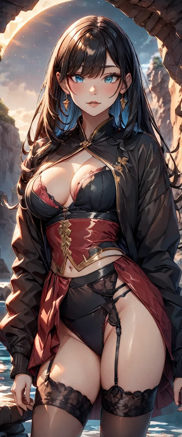 ((Highest quality)),(8K),((Anime illustration)) ,【One Girl,One boy(men and women)】,Red moonlit night,in the beach,Beautiful night view, ((NSFW)),((Black-haired Cleopatra)),(Red glowing eyes),(Good elevator),Beautiful black lingerie,(Wearing a blue cloak),(Mini tight skirt),((Gorgeous big breasts shining)),((Showing nipples)),Lace Top Stockings,Knee-high boots,garter belt,Long satin gloves,(Laughing with your fingers),(Model posing),(fashion),Condescending look,Provocative pose,Sexy Body ((Her body is covered in lotion and cum))
