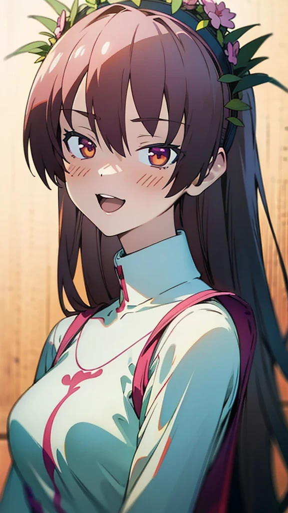Anime girl with long black hair wearing a white shirt and a flower crown., beautiful animated portrait, awesome anime face portrait, beautiful anime girl, Kawaii realistic portrait, detailed portrait of anime girl, anime girl portrait, 3d realistic anime style., realistic young anime girl, realistic anime art style, young anime girl, anime realism style, realistic anime art style, They hold her breasts from behind while she laughs