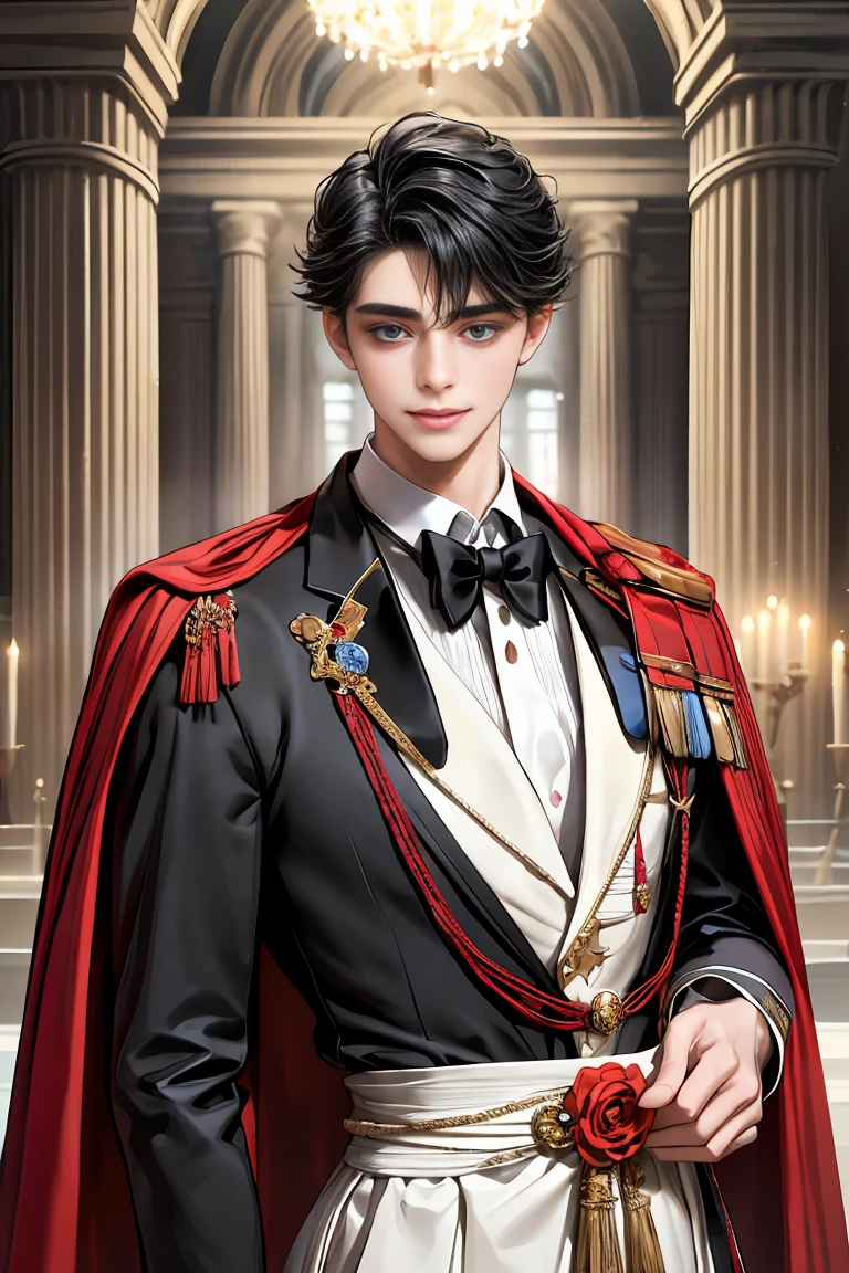 masterpiece, 最high quality, high quality, 1 boy, alone, Male focus, Watching the audience, Messy black hair, Adorable big blue eyes, White, Noble, Noble,A black and red cape that is bursting with sexy volume、Tuxedo、A very voluminous, large, very large, very large, long, long red and black cape with a high stand-up collar, made of a lot of fabric that reaches down to the floor., 17 years old,Cute beautiful boys,Cute, cute, handsome boy with a gentle smile