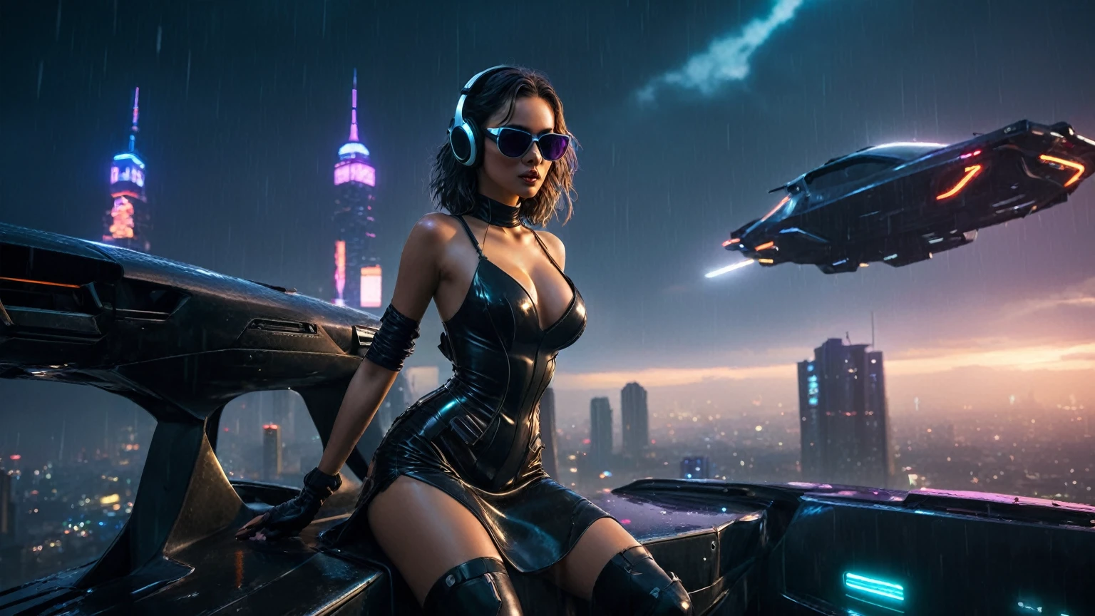 (aerial view, a flying cars docking platform, a very dark abandoned futuristic city, neon lights), rainy night. 1girl, solo, alone, large-breast:1.2 slim body, cleavage:1.1, sexy wind blowing wet dress:1.4, (headphone, black sunglasses), (((she raised a pistol:1.8 and took aim))), dynamic pose, (((half-body thigh level medium shot))), cinematic lighting, lens flare, ray tracing.