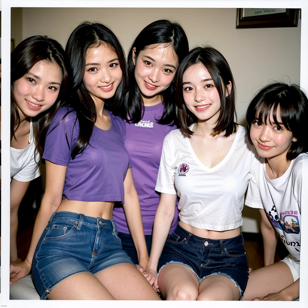 A photo from a polaroid taken with an old camera of 6 sweet young European girls 14 years old, high school best friends having a fun and sexy high school party in cute t-shirts and hot shorts ,BrookeMonk, Avarice, showing her curves and smiling, sexy, beautiful girl, innocent, neckline, Low cut tops