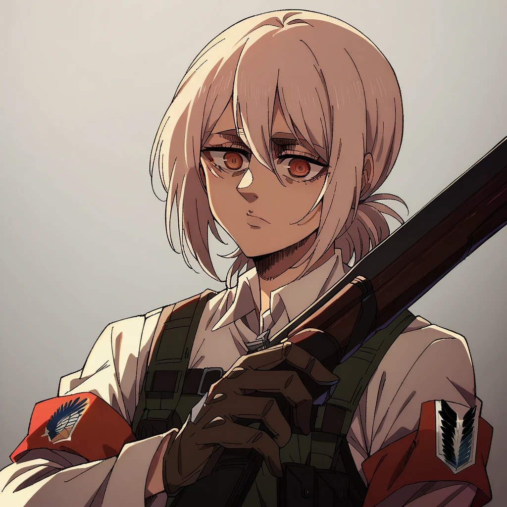 singeki_no_kyojin_s4_style,,portrait, solo, spas-12 \(girls' frontline\), girls' frontline, holding shotgun, red armband