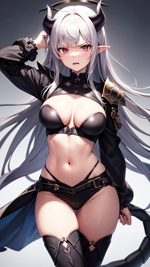 masterpiece, high quality, 4K, HDR,, A female knight wearing an armored dress BREAK Black halo above head, black horns on head, black dragon tail growing, large black wings on back BREAK Silver hair in an updo hairstyle with blunt bangs, long hair, disgruntled expression, crimson eyes, narrowed eyes, sharp teeth, slightly pointed ears, slightly open mouth BREAK Athletic, toned body, medium breasts BREAK Standing in a dramatic pose against a dark, ominous background