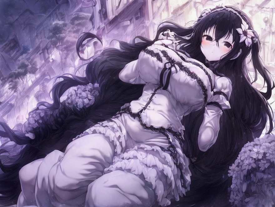 Anime, 1 girl, Fubuki, pale pure white skin, dead cold black eyes with shadows under them, long wavy black hair tied in long twin tails decorated by a white Flower, busty, red dress, Juliet sleeves, Large heavy mechanical arms, Long skirt, firm chunky body, large mechanical arms