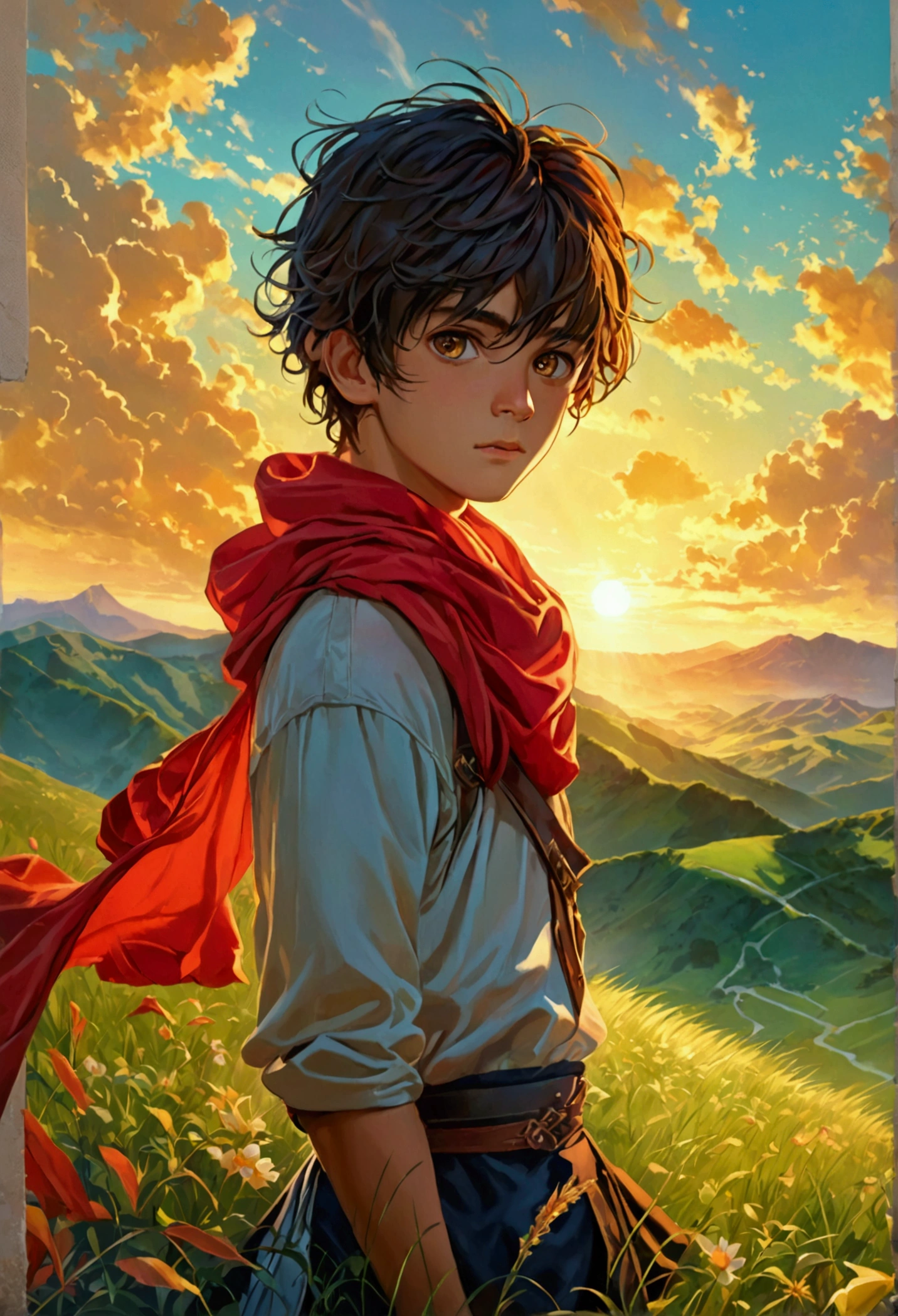 a handsome boy standing on a mountain at a beautiful grassland with sunrise, detailed face and eyes, detailed clothing, dramatic lighting, cinematic, highly detailed, 8k, digital painting, realistic, photorealistic, vibrant colors, warm lighting, picturesque landscape, lush greenery, dramatic sky, golden hour