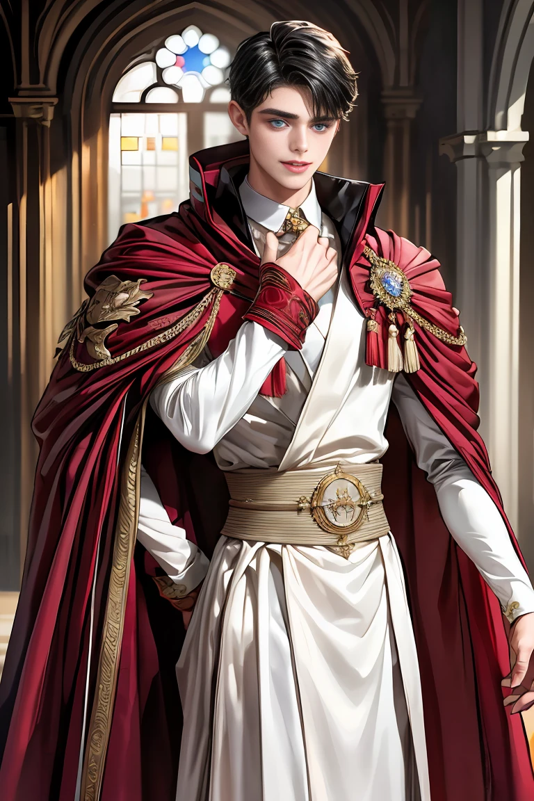 
masterpiece, 最high quality, high quality, 1 boy, alone, Male focus, Watching the audience,  Messy black hair, Adorable big blue eyes, White, Noble, Noble,A sexy, voluminous, puffy cape、vampire、A very voluminous, large, very large, very large, long, long red and black cape with a high stand-up collar, made of a lot of fabric that reaches down to the floor., ,Cute beautiful boys,Cute, cute, handsome boy with a gentle smile
