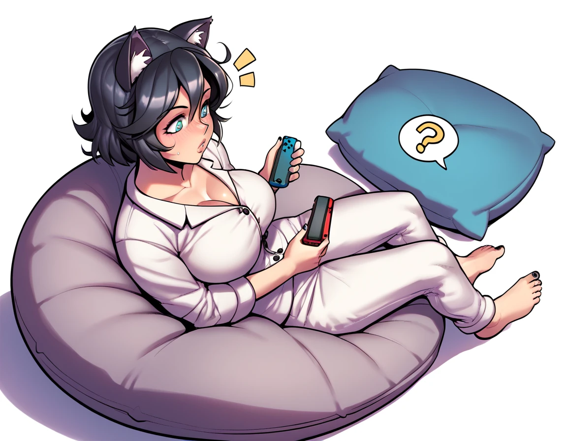 punctuation_9, punctuation_8_High above, punctuation_7_High above, punctuation_6_High above, punctuation_5_High above, punctuation_4_High above, 1girl, Nerd,Bblack hair, shorth hair, a cartoon image of a woman(dressed as a black cat)with a big chest, sitting on the cushion (blue in color), white scenario, with Nintendo switch in hand, fluffy chest, in pajamas(dressed as a black cat), anime cel shaded, Covered breasts and SFW, wearing pajamas(sitting on the cushion (blue in color), with a Nintendo Switch in hand), Kantai Collection Style, anime moe art style, white_mitts, seductive anime girl((dressed as a black cat)), brincando with a Nintendo Switch in hand, playing on it(spiral eye)White background,Sitting on a cushion(large pillow is a black stuffed cat).