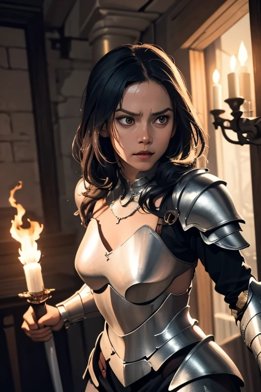 ((masterpiece, Highest quality)), ((Detailed CG integrated 8K people)), Rooms in the dungeon, torches, Woman fighting monsters, Sword in hand, Wear armor, head to waste,