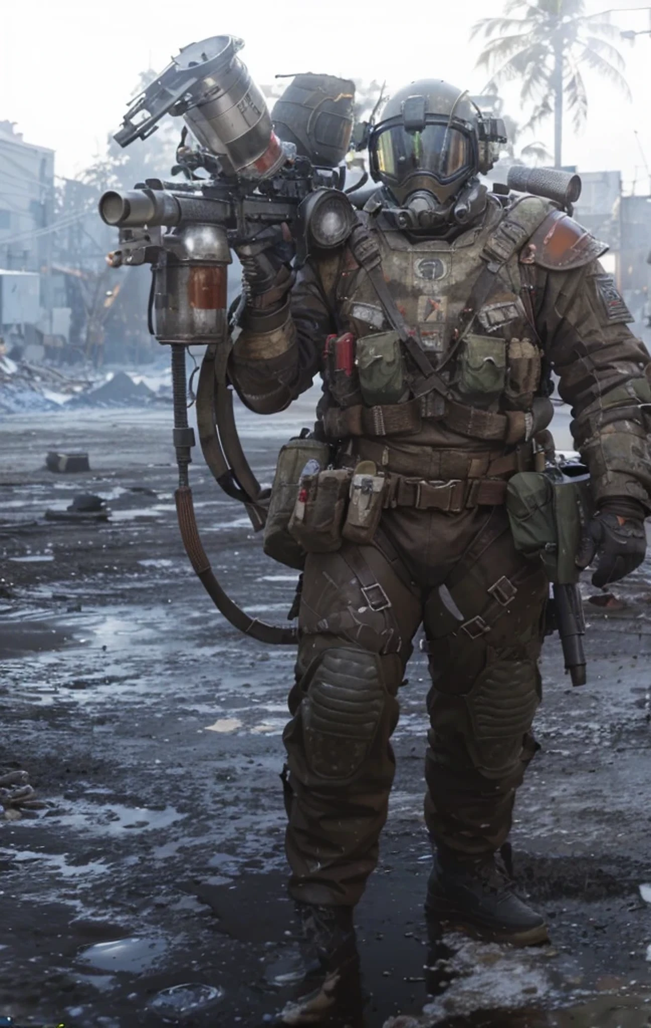 soldier, Helmet with wide glass, Inside the helmet you can see a face deformed by radiation, heavy red suit with armor and Fallout-style leather layers, harnesses and belts with ammunition, Matte brown details, Tubes and cables, Carries in a from his hands a large advanced weapon, a metal weapon, is on a tropical island contaminated with chemical waste, white sky, floor with a puddle of liquid chemicals, black smoke, ultra-realistic, 4k, Ultra detailed image, realistic, Highly detailed, perfect composition, gorgeous, Intricately detailed, incredibly detailed, Art photography 8K, hyper detailed, Masterpiece, Ultra detailed, hyper realistic