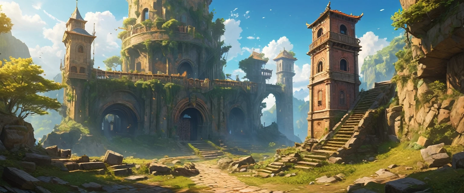 (anime, fantasy, portal),(extremely detailed CG unity 8k wallpaper, masterpiece, best quality, ultra-detailed, depth of filed, HDR:1.2, high FXAA), golden ratio, vibrant colors, mysterious atmosphere, sole weathered watchtower, medieval watch tower, crumbling down, debris, general shot, ethereal light, fantastical landscapes