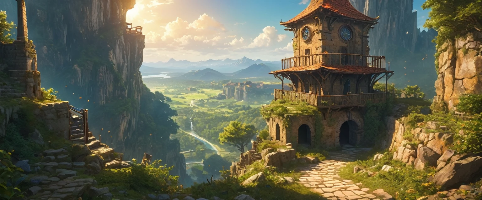 (anime, fantasy, portal),(extremely detailed CG unity 8k wallpaper, masterpiece, best quality, ultra-detailed, depth of filed, HDR:1.2, high FXAA), golden ratio, vibrant colors, mysterious atmosphere, sole weathered watchtower, medieval watch tower, crumbling down, debris, general shot, ethereal light, fantastical landscapes