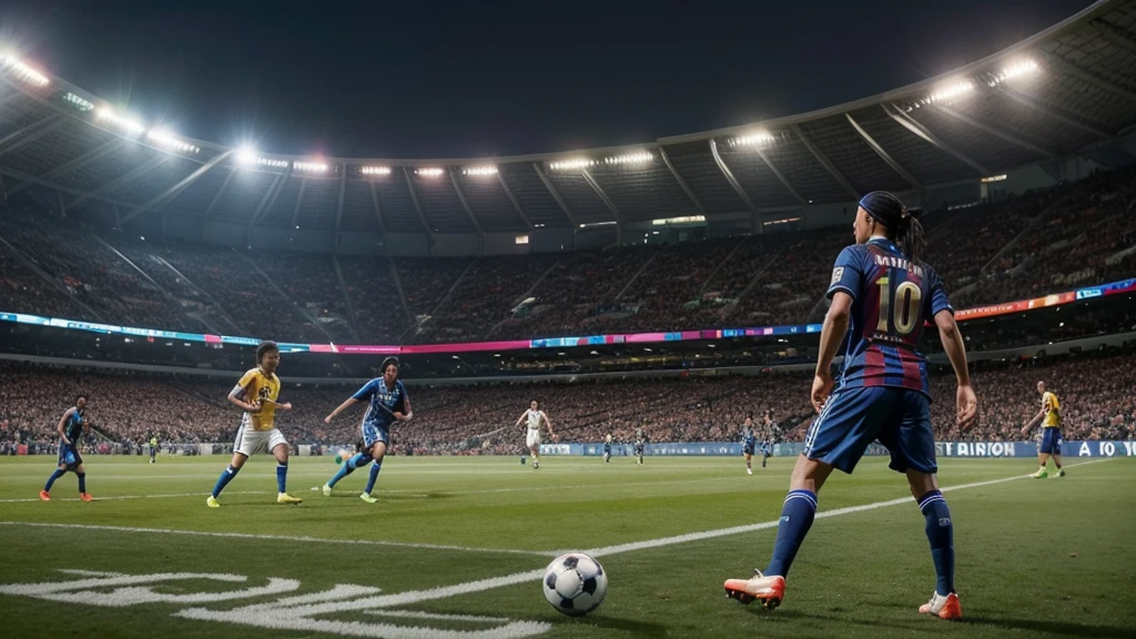  ronaldinho gaucho and messi playing football with a stadium full of fans and a rain of bitcoins invading the field