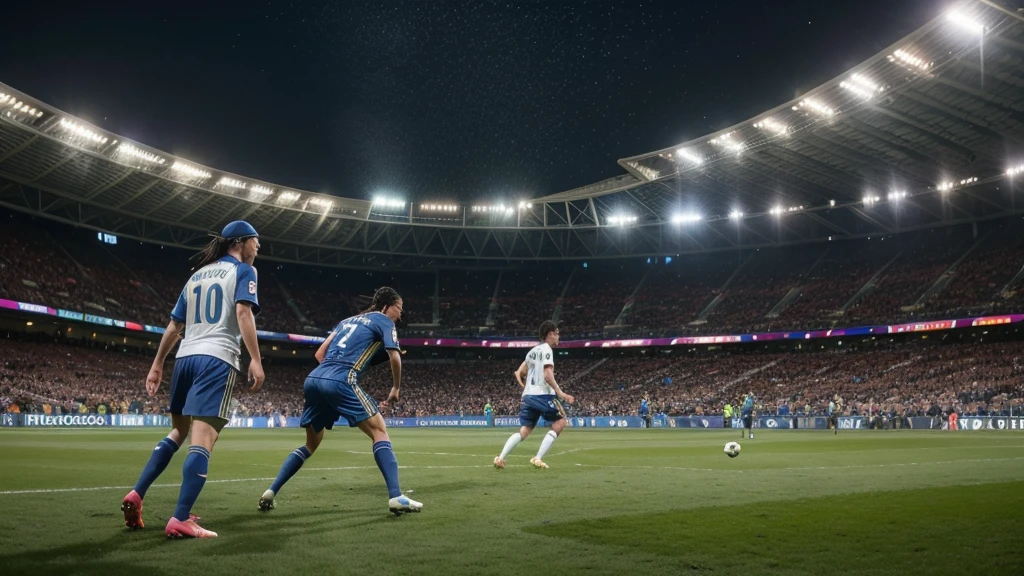 ronaldinho gaucho and messi playing football with a stadium full of fans and a rain of bitcoins invading the field