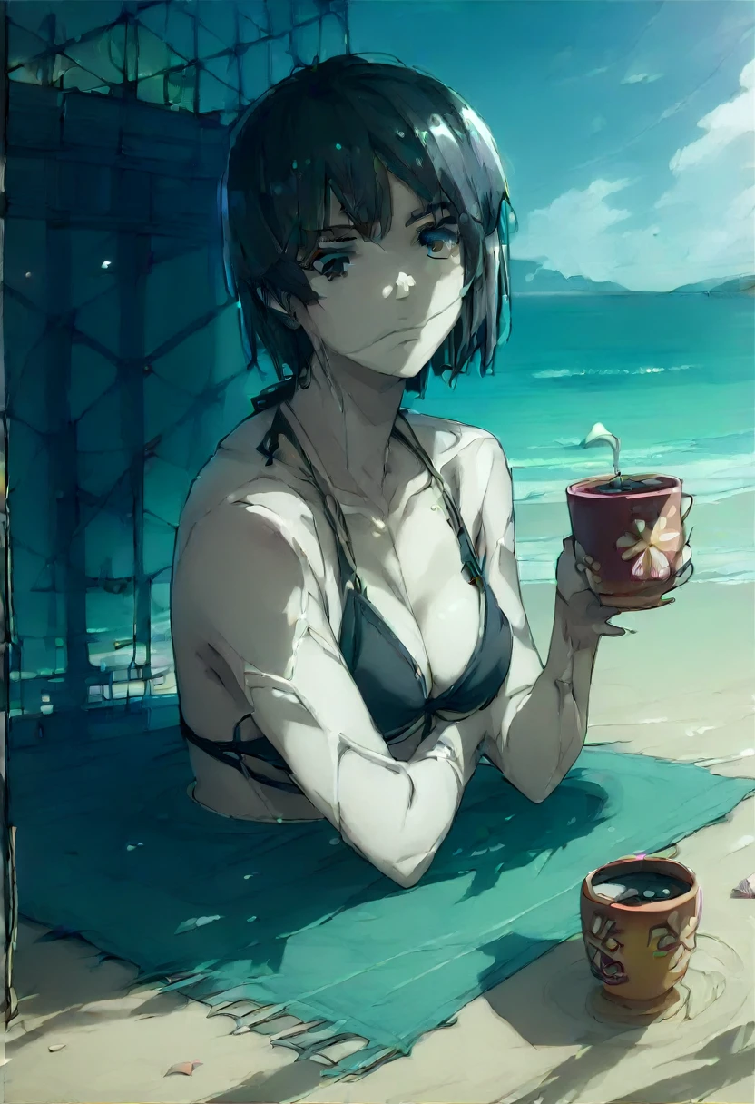 human, ((1girls)), 27 years old, beautiful, Short Hair, black hair, black eyes, black Bikini very medium , cup breasts L, ((white skin)), 1m75, deserted, ((Takeda Hiromitsu style)), on the beach, raped, no bikini underwear, thick cock, vaginal cum, Pov missionary, angry,